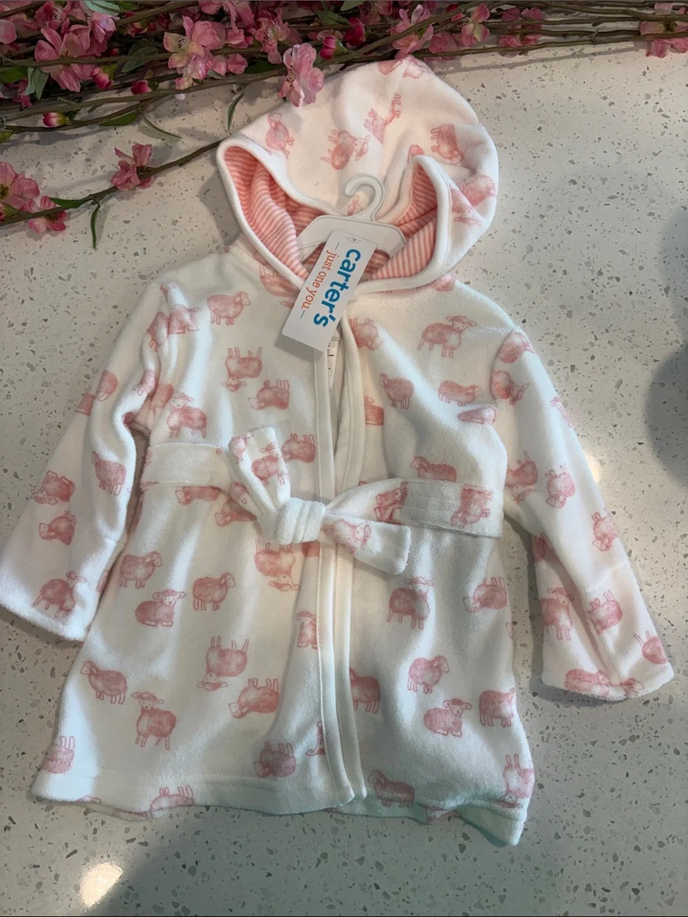 Carter's White Hooded Fleece Robe with Pink Sheep